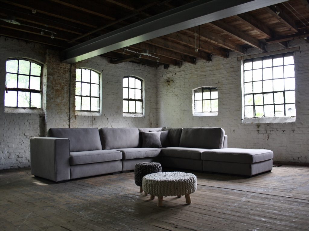 Rural corner sofa Michelle in a gray fabric with a footstool