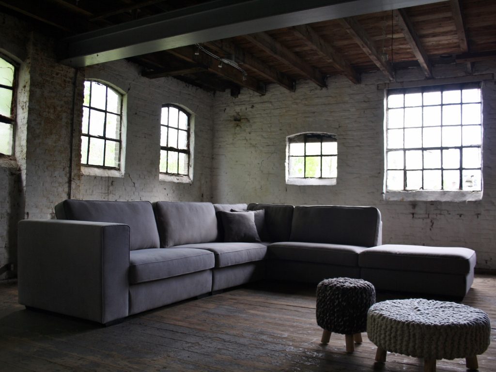 Rural corner sofa Michelle in a gray fabric with a footstool
