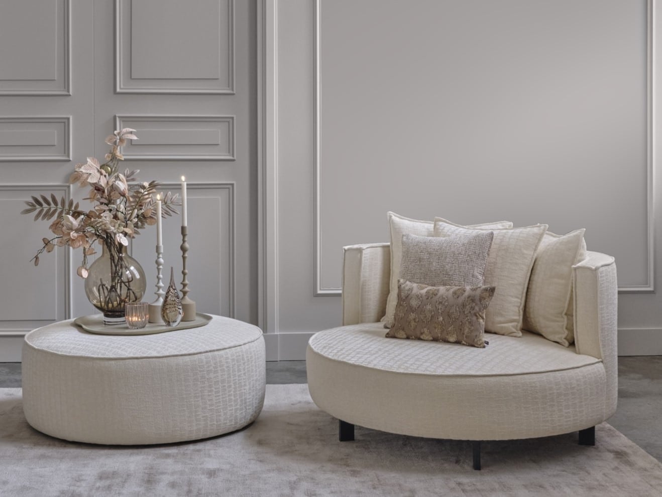 Adèle Sky loveseat upholstered in Cruso 05 fabric in beige sand tone, available at Room 108