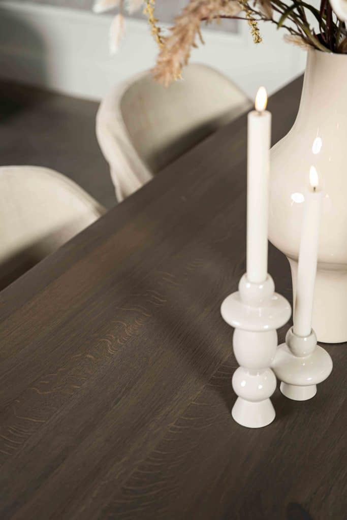 Dark wood Bordeaux dining table with matching wooden legs, available at Room 108