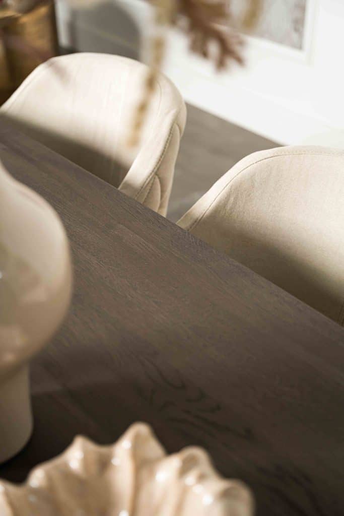 Dark wood Bordeaux dining table with matching wooden legs, available at Room 108