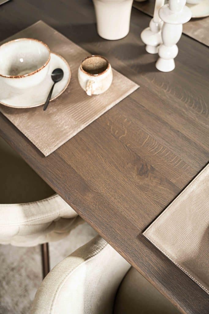 Dark wood Bordeaux dining table with matching wooden legs, available at Room 108