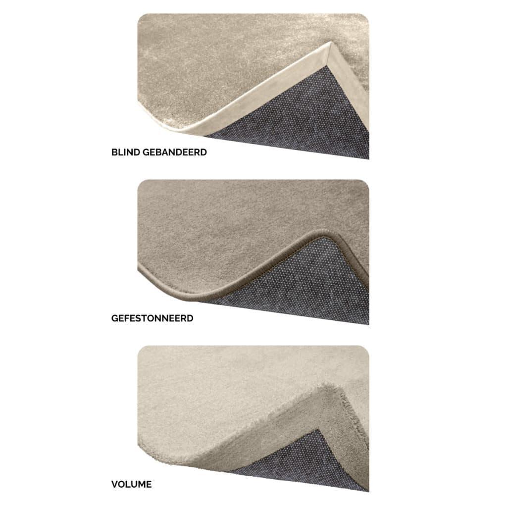 Three rug edging finishes for Piazza rugs: smooth, rounded, and volume, available at Room 108