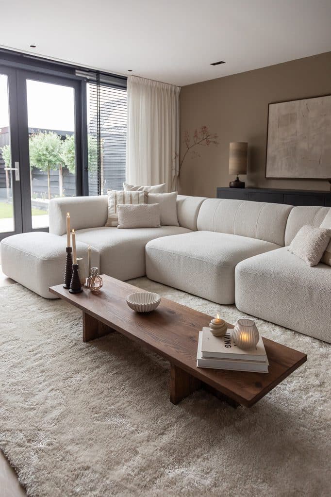A look inside Jenny's Japandi interior, with light beige corner sofa Emanuelle.